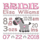 Baby girl birth announcement -custom embroidery design by sweetstitchdesign.com