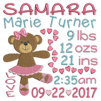 Baby girl birth announcement -custom embroidery design by sweetstitchdesign.com