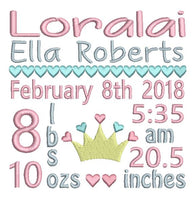 Baby girl birth announcement -custom embroidery design by sweetstitchdesign.com