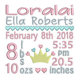 Baby girl birth announcement -custom embroidery design by sweetstitchdesign.com