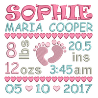 Baby birth announcement -custom embroidery design by sweetstitchdesign.com