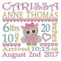 Baby girl birth announcement -custom embroidery design by sweetstitchdesign.com