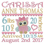 Baby girl birth announcement -custom embroidery design by sweetstitchdesign.com