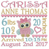 Baby girl birth announcement -custom embroidery design by sweetstitchdesign.com