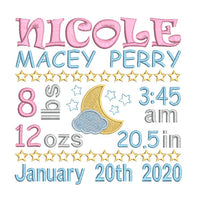 Baby birth stats template machine embroidery design by sweetstitchdesign.com