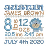 Baby birth stats customised machine embroidery design by sweetstitchdesign.com