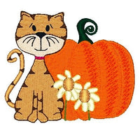 Cute autumn cat with pumpkin machine embroidery design by sweetstitchdesign.com