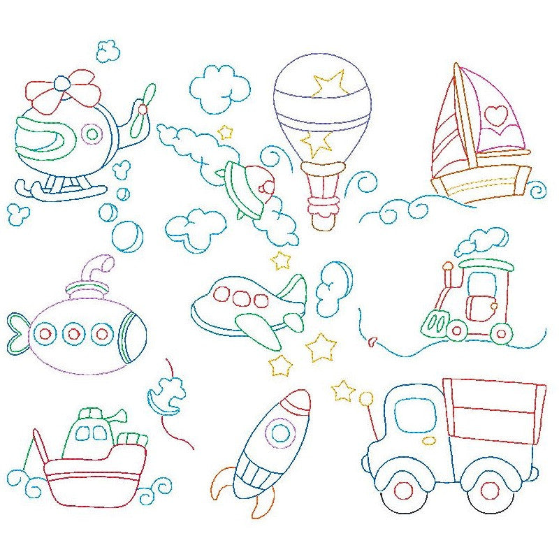 Transport multi-colored linework machine embroidery designs by sweetstitchdesign.com