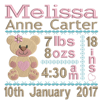 Baby birth announcement -custom embroidery design by sweetstitchdesign.com