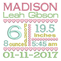 Baby birth announcement -custom embroidery design by sweetstitchdesign.com