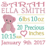 Baby birth announcement -custom embroidery design by sweetstitchdesign.com