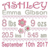 Baby birth announcement -custom embroidery design by sweetstitchdesign.com