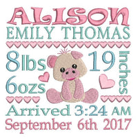 Baby birth announcement -custom embroidery design by sweetstitchdesign.com