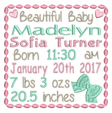 Baby birth announcement -custom embroidery design by sweetstitchdesign.com