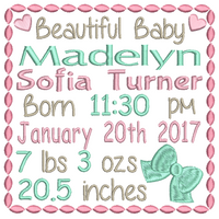 Baby birth announcement -custom embroidery design by sweetstitchdesign.com