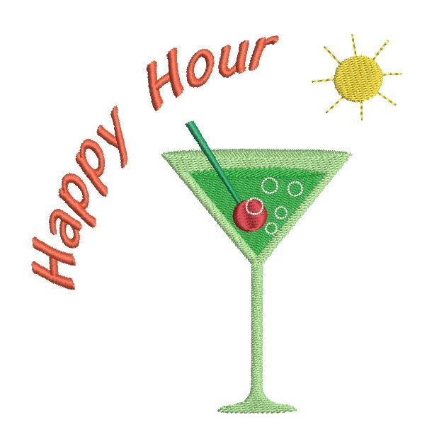 Happy hour martini machine embroidery design by sweetstitchdesign.com