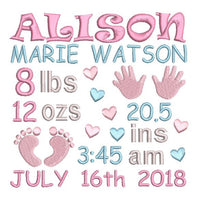 Baby birth announcement -custom embroidery design by sweetstitchdesign.com