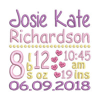 Baby birth announcement -custom embroidery design by sweetstitchdesign.com