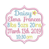 Baby birth announcement -custom embroidery design by sweetstitchdesign.com