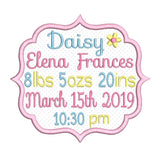 Baby birth announcement -custom embroidery design by sweetstitchdesign.com