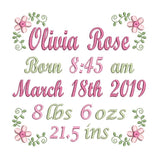 Baby birth announcement machine embroidery design by sweetstitchdesign.com