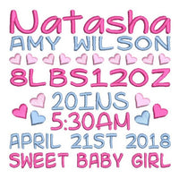 Baby birth announcement -custom embroidery design by sweetstitchdesign.com