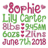 Baby birth announcement -custom embroidery design by sweetstitchdesign.com