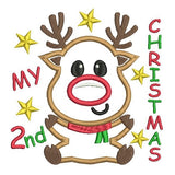 My 2nd Christmas - reindeer applique machine embroidery design by sweetstitchdesign.com
