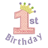 1st birthday number with princess crown applique machine embroidery design by sweetstitchdesign.com