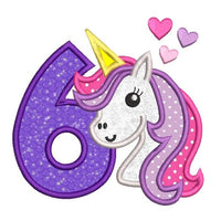 Girl's 6th birthday unicorn applique machine embroidery design by sweetstitchdesign.com