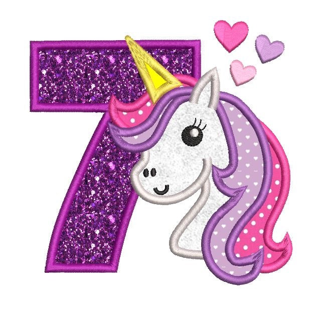 Girl's 7th birthday unicorn applique machine embroidery design by sweetstitchdesign.com
