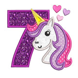 Girl's 7th birthday unicorn applique machine embroidery design by sweetstitchdesign.com