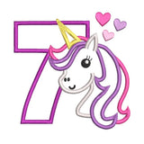 Girl's 7th birthday unicorn applique machine embroidery design by sweetstitchdesign.com