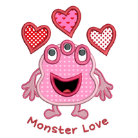 Valentine's Day monster applique machine embroidery design by sweetstitchdesign.com