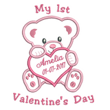 Personalised baby's 1st Valentine's Day applique machine embroidery design by sweetstitchdesign.com