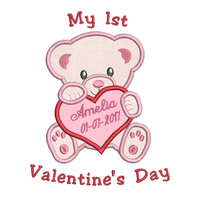 Personalised baby's 1st Valentine's Day applique machine embroidery design by sweetstitchdesign.com