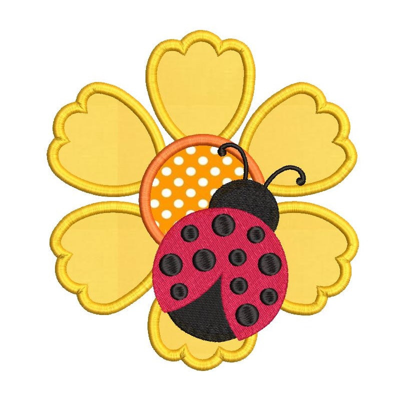 Flower with Ladybug Applique Machine Embroidery, Sweet Stitch Design