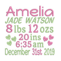 Baby birth announcement machine embroidery design by sweetstitchdesign.com