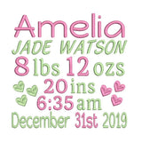 Baby birth announcement machine embroidery design by sweetstitchdesign.com