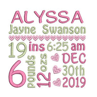 Baby birth announcement machine embroidery design by sweetstitchdesign.com