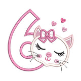 Girl's 6th birthday kitty applique machine embroidery design by sweetstitchdesign.com